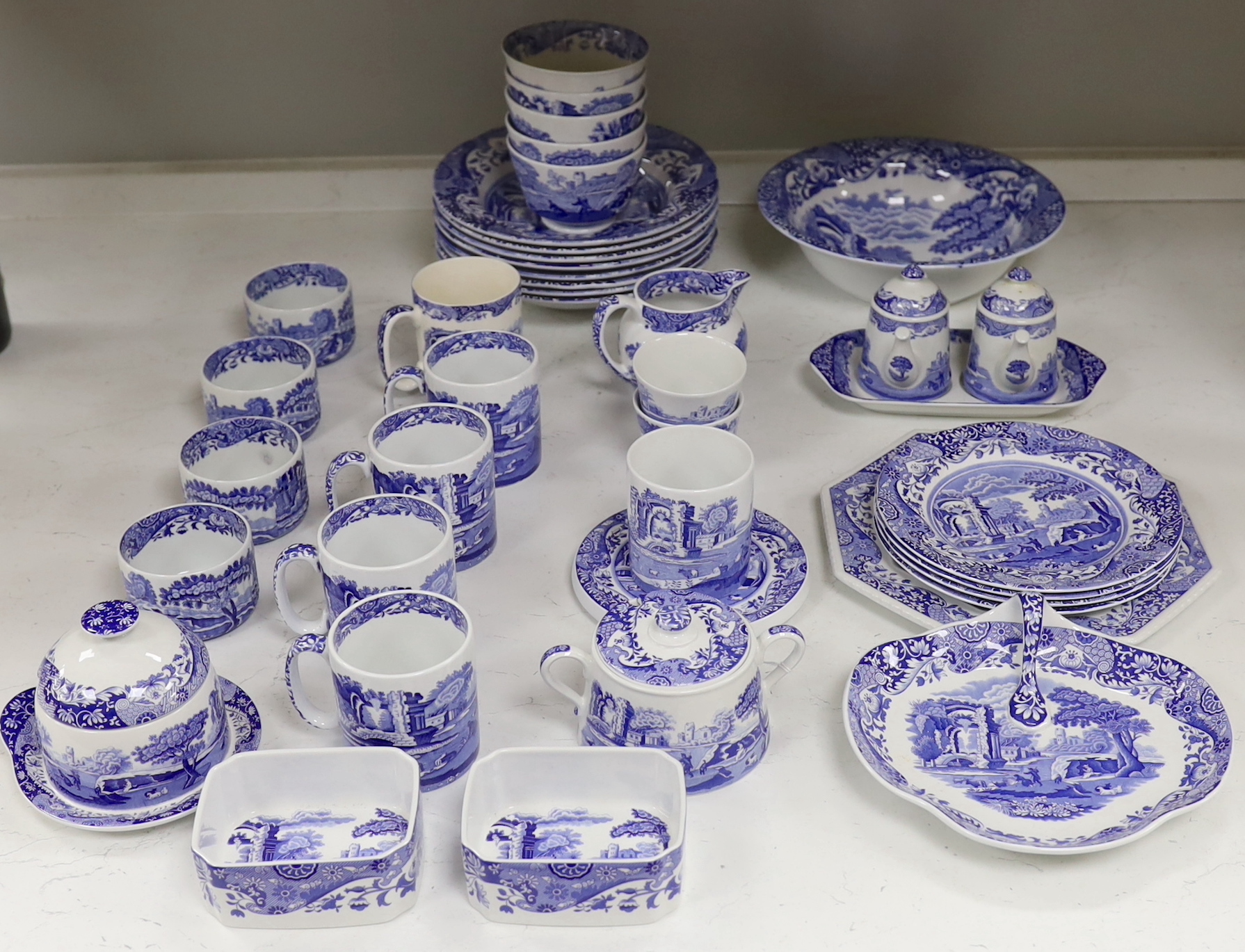 A Spode Italian part breakfast set to include jam and honey pots and covers mugs dishes etc